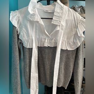 Zara Grey and White Tie Sweater. Size L. Never worn before, $35